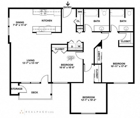 Floor plan for 3 beds, 2 baths, 1116 sqft